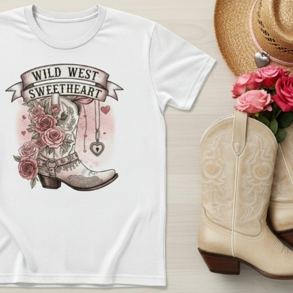 Wild West Sweetheart Graphic Tee – Western Cowgirl Boot Shirt with Roses & Heart - Picture 16 of 16